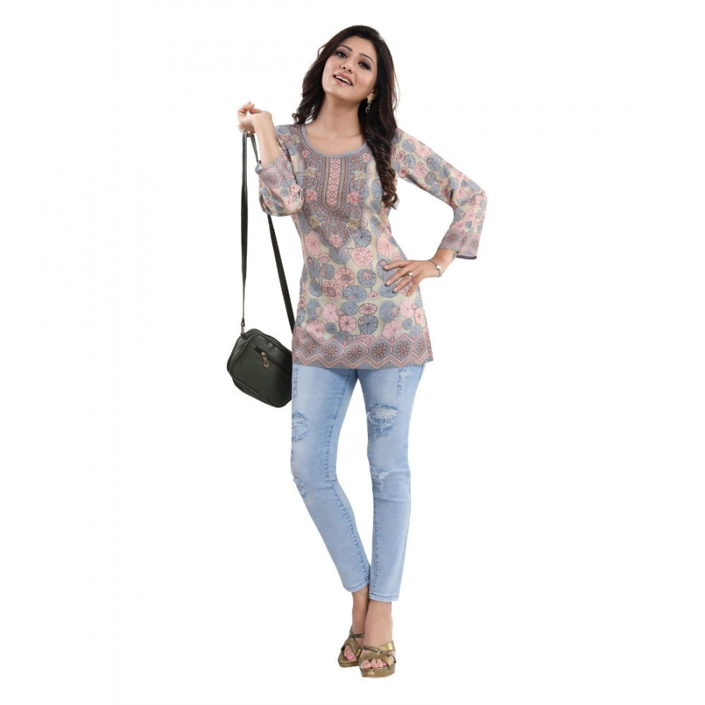 Generic Women's Quarter Sleeve Faux Crepe Printed Short Kurti Tunic Top (Color:Pastel)