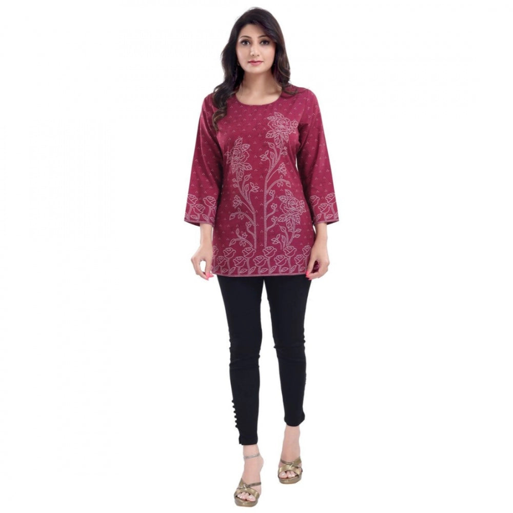 Generic Women's Quarter Sleeve Faux Crepe Printed Short Kurti Tunic Top (Color:Magenta)