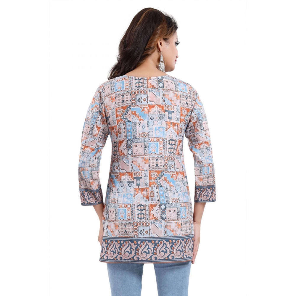 Generic Women's Quarter Sleeve Faux Crepe Printed Short Kurti Tunic Top (Color:Blue)