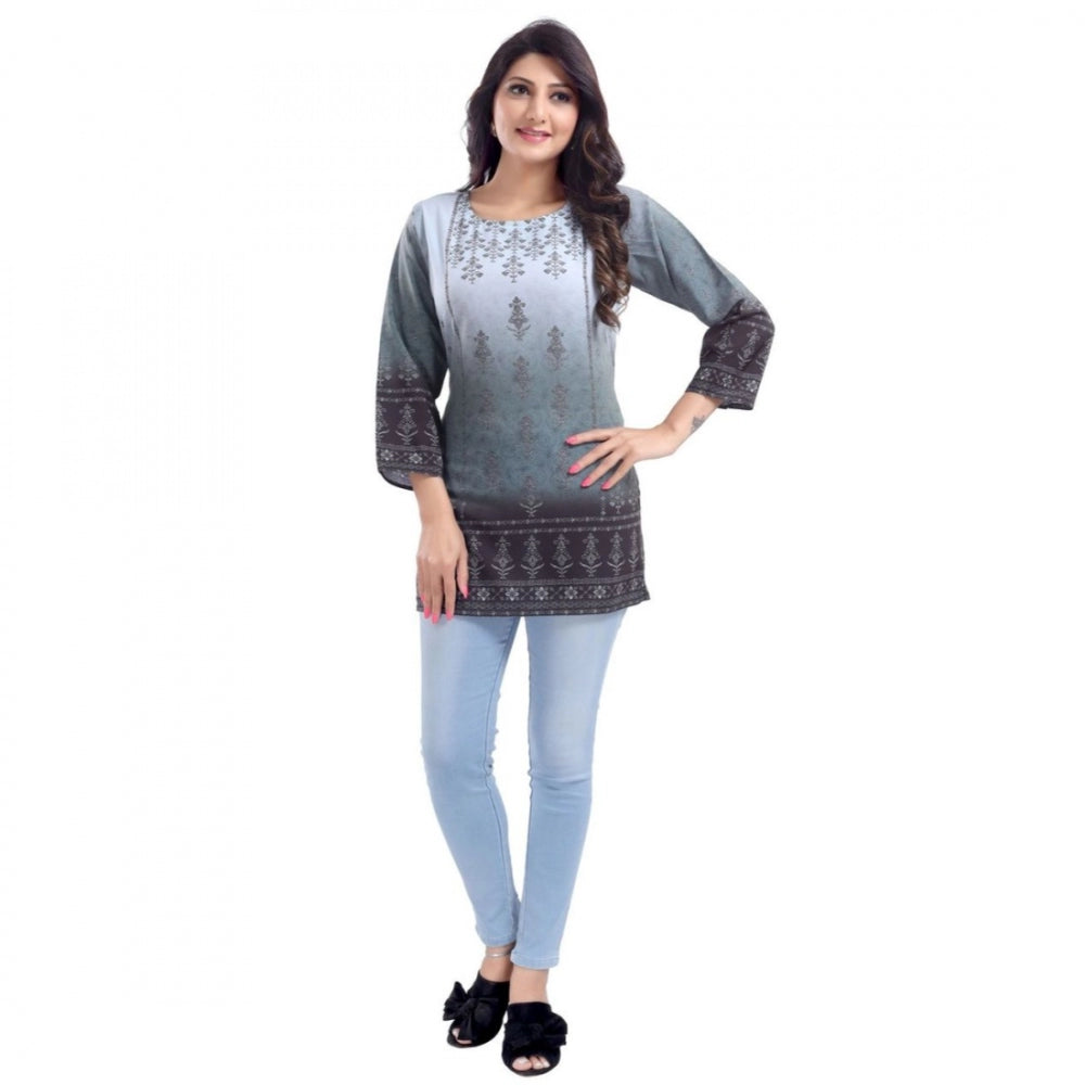 Generic Women's Quarter Sleeve Faux Crepe Printed Short Kurti Tunic Top (Color:Grey)