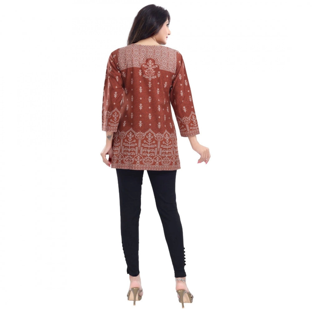 Generic Women's Quarter Sleeve Faux Crepe Printed Short Kurti Tunic Top (Color:Rust)