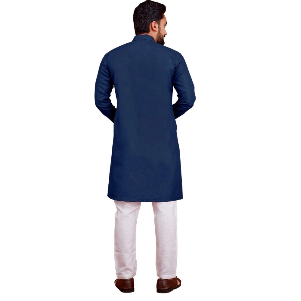 Generic Men's Cotton Blend Solid Full Sleeve Knee Length Kurta (Dark Blue)