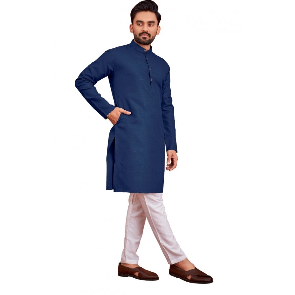 Generic Men's Cotton Blend Solid Full Sleeve Knee Length Kurta (Dark Blue)