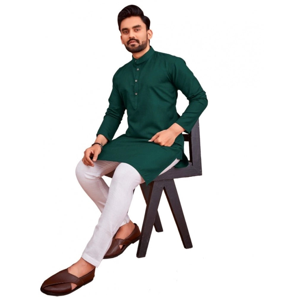 Generic Men's Cotton Blend Solid Full Sleeve Knee Length Kurta (Dark Green)