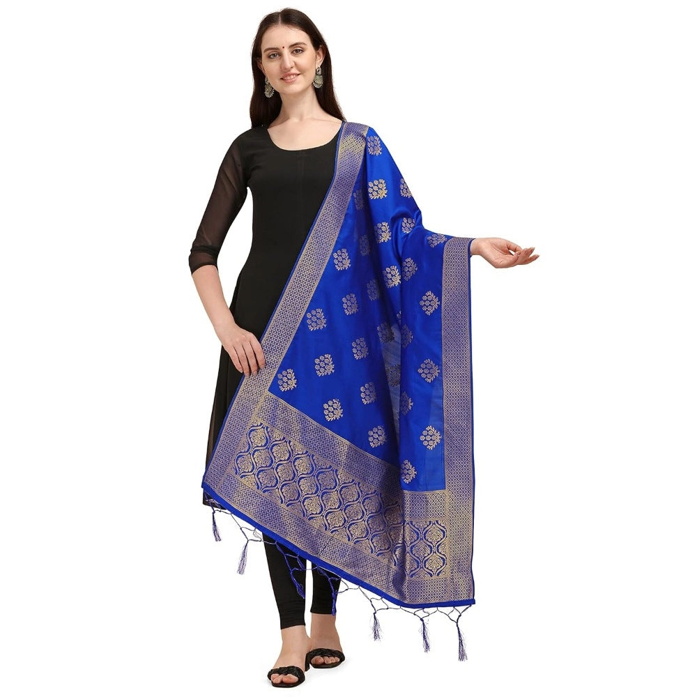 Generic Women's Silk Pure Zari weaving Duppatta (Royal Blue, Length: 2-2.3 Mtrs)