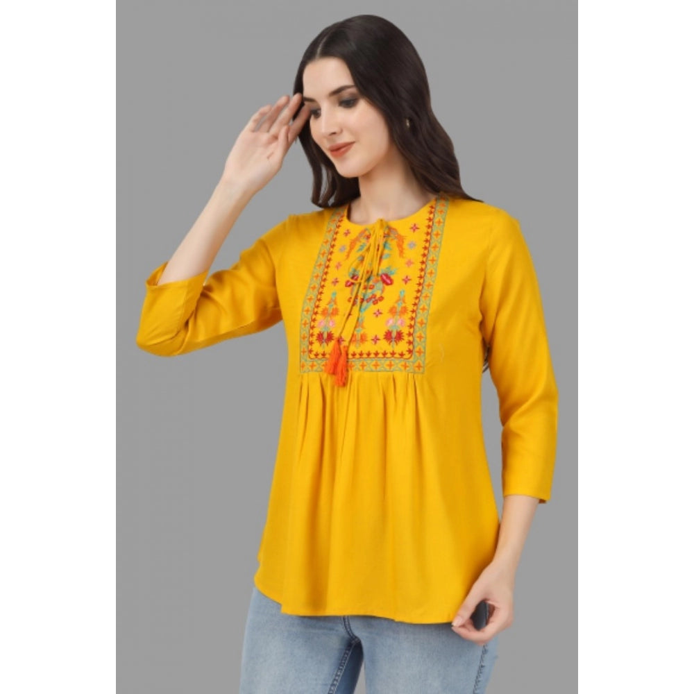 Generic Women's Embroidered Short Length Rayon Tunic Top (Yellow)