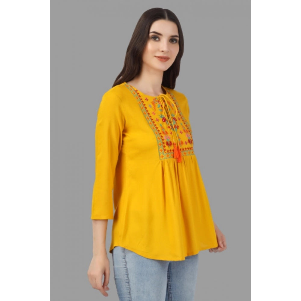 Generic Women's Embroidered Short Length Rayon Tunic Top (Yellow)