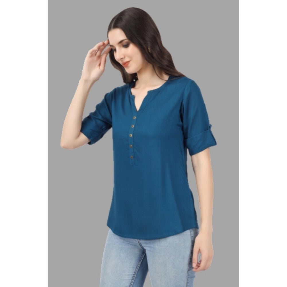 Generic Women's Solid Short Length Rayon Tunic Top (Blue)