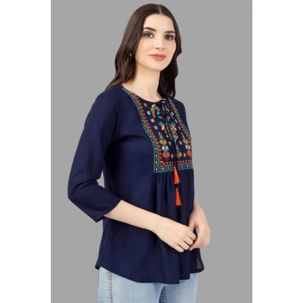 Generic Women's Embroidered Short Length Rayon Tunic Top (Blue)