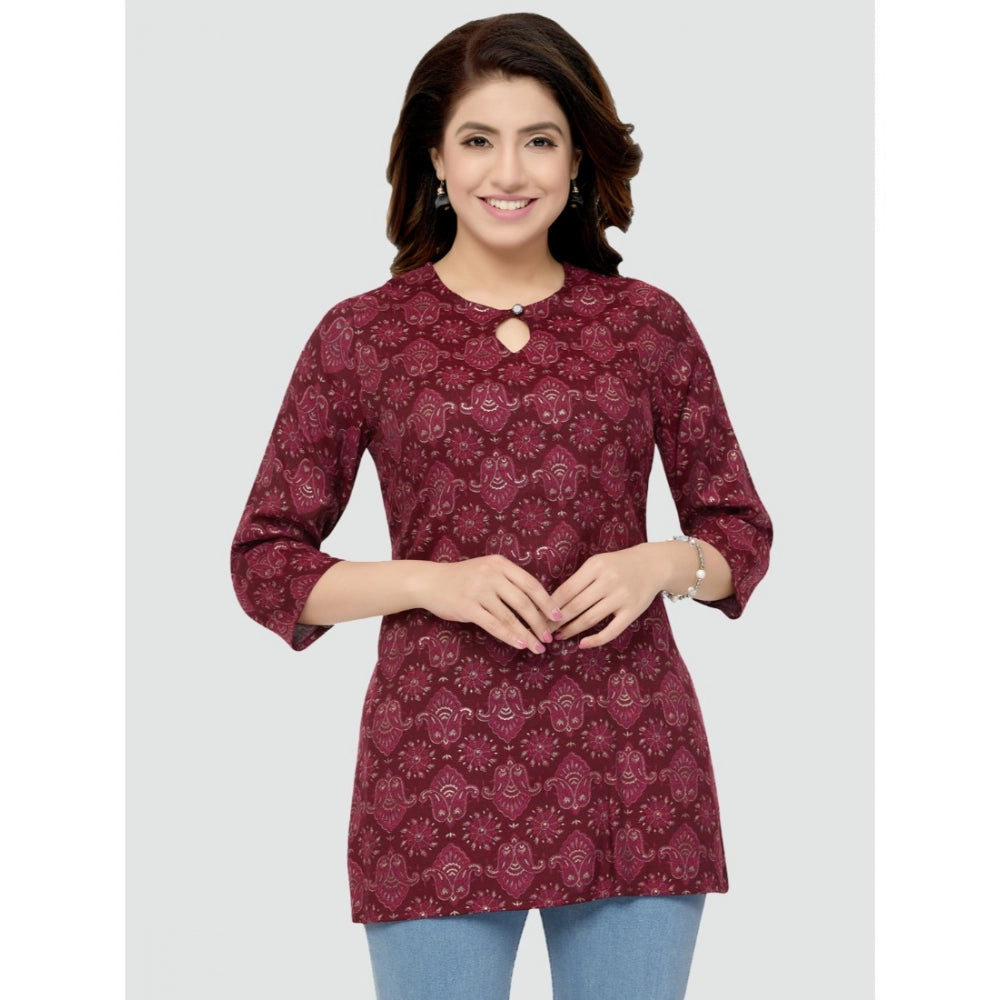 Generic Women's Casual 3/4 Sleeves Printed Rayon Short Top (Maroon)