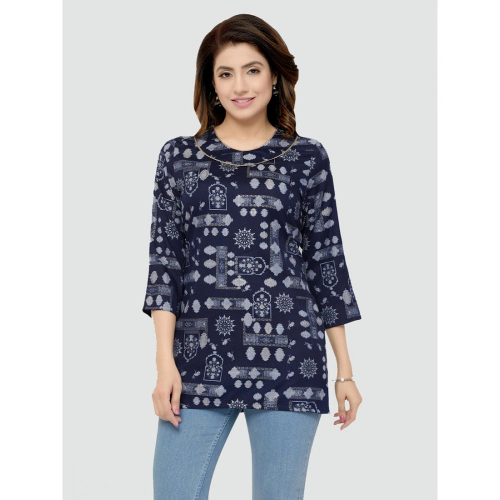 Generic Women's Casual 3/4 Sleeves Printed Rayon Short Top (Blue)