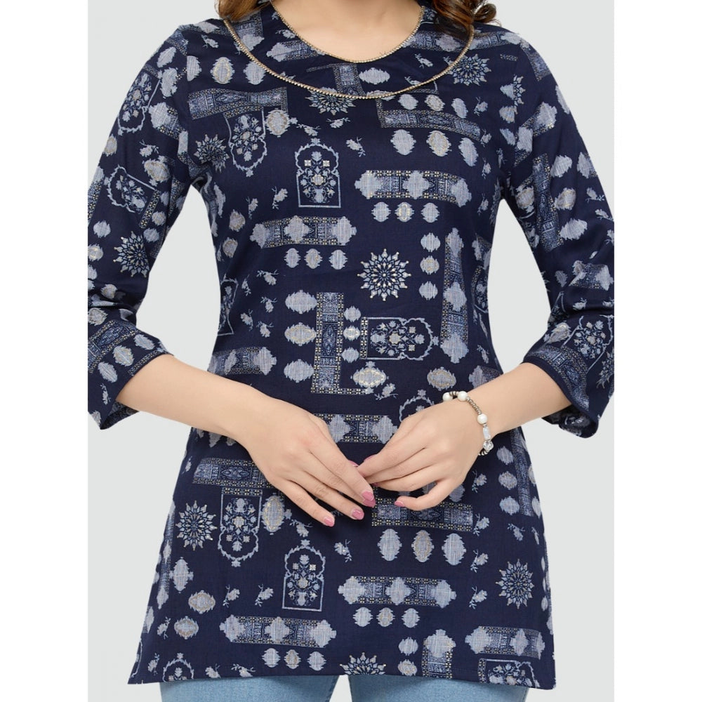 Generic Women's Casual 3/4 Sleeves Printed Rayon Short Top (Blue)