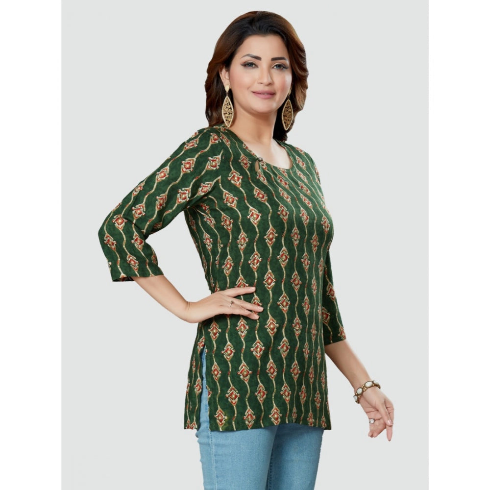 Generic Women's Casual 3/4 Sleeves Printed Rayon Short Top (Green)