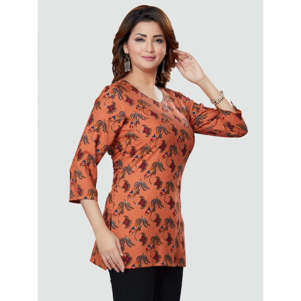 Generic Women's Casual 3/4 Sleeves Printed Rayon Short Top (Peach)