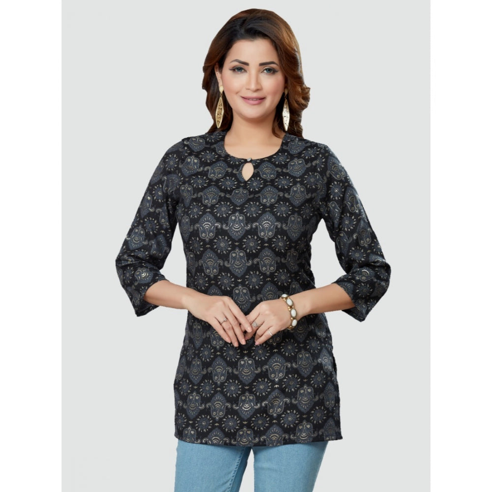 Generic Women's Casual 3/4 Sleeves Printed Rayon Short Top (Black)