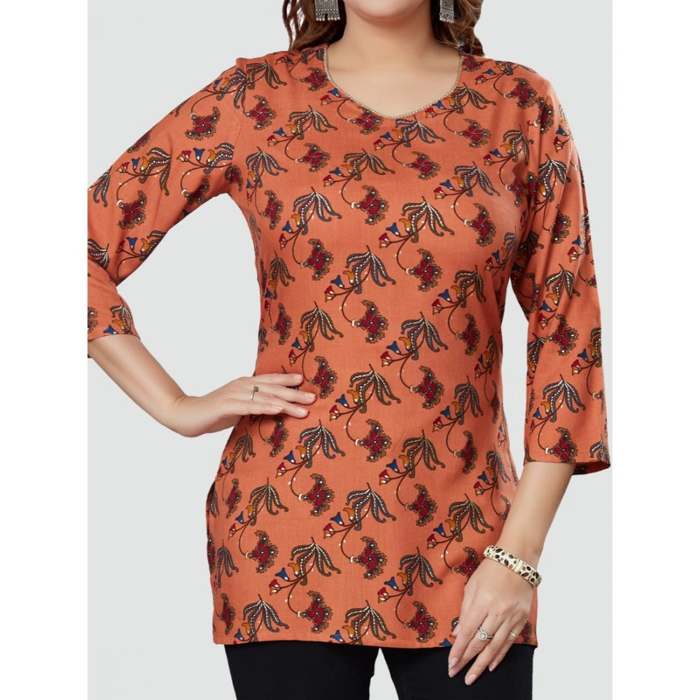 Generic Women's Casual 3/4 Sleeves Printed Rayon Short Top (Peach)