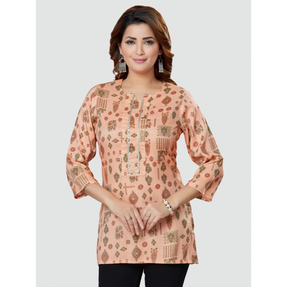 Generic Women's Casual 3/4 Sleeves Printed Rayon Short Top (Peach)