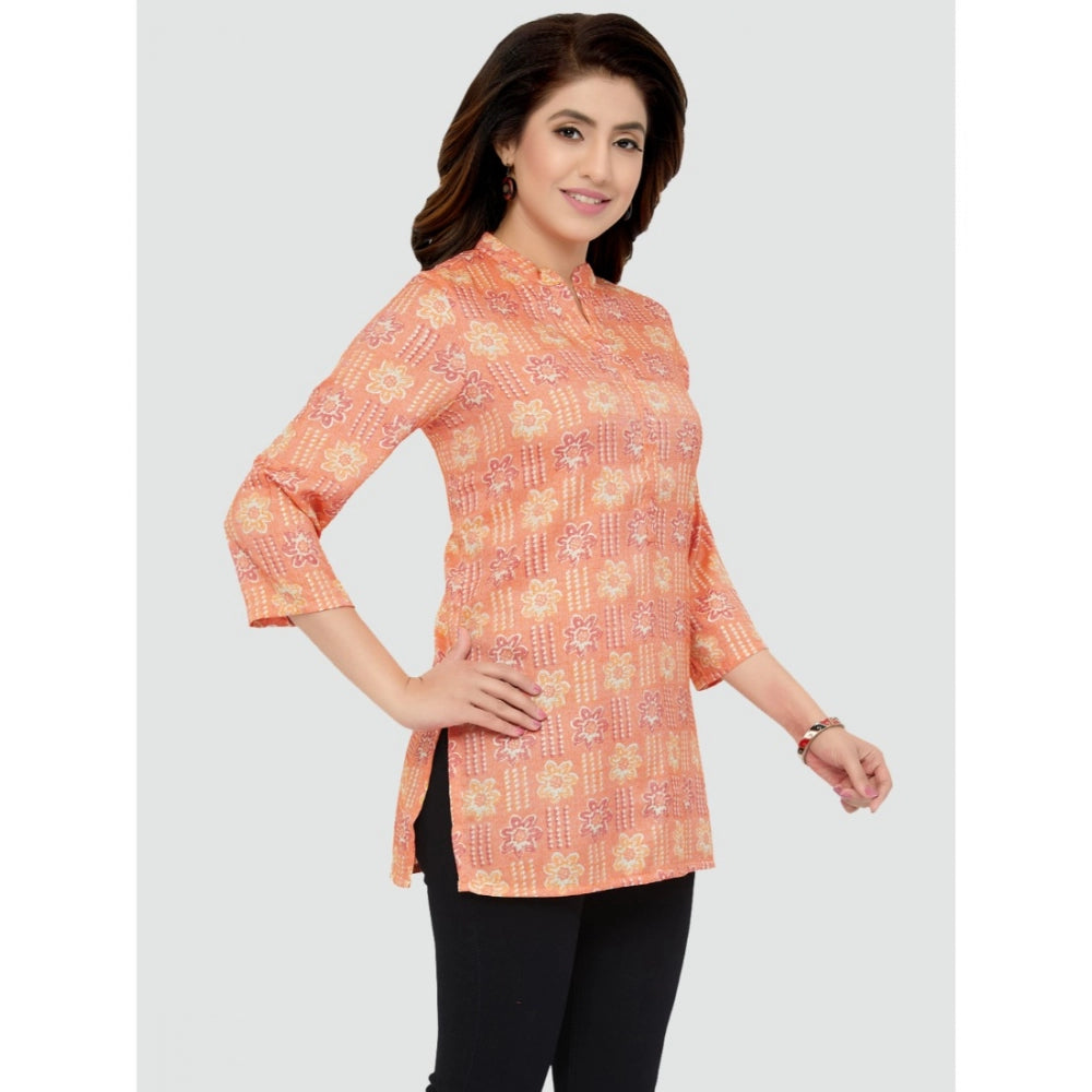 Generic Women's Casual 3/4 Sleeves Printed Rayon Short Top (Orange)