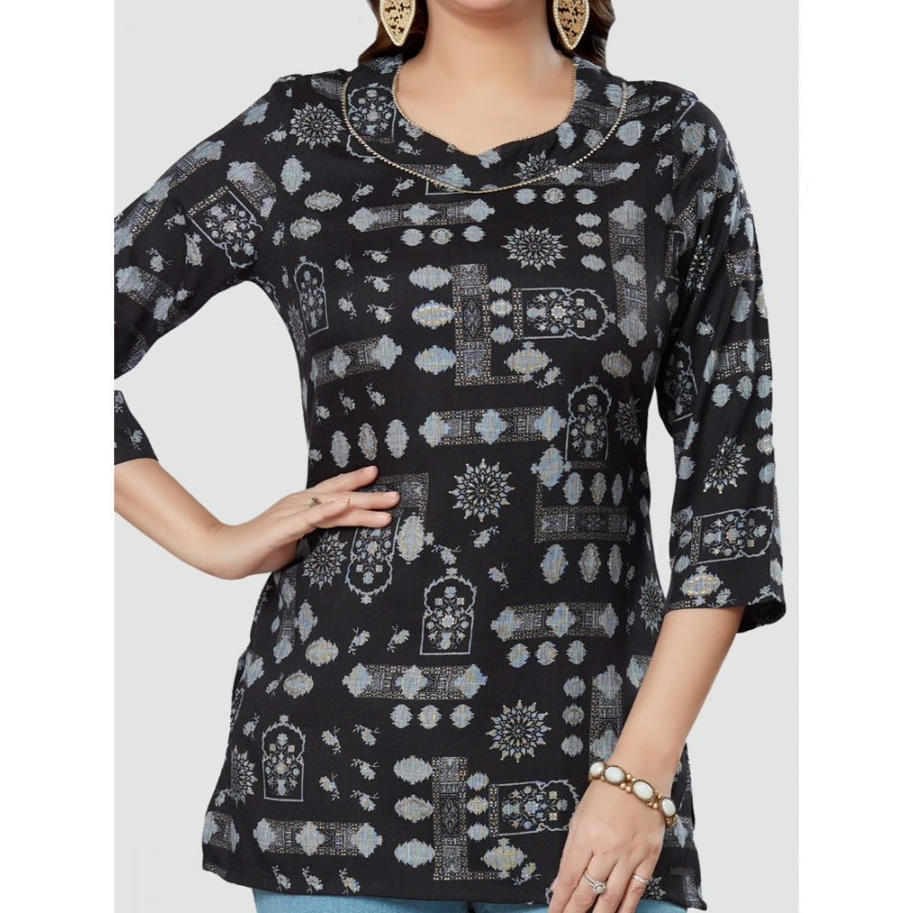 Generic Women's Casual 3/4 Sleeves Printed Rayon Short Top (Black)