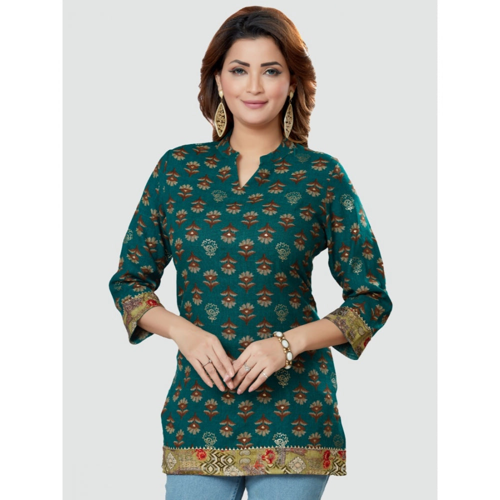 Generic Women's Casual 3/4 Sleeves Printed Rayon Short Top (Green)