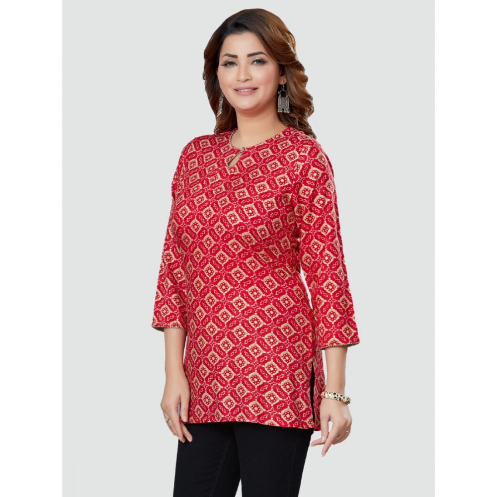 Generic Women's Casual 3/4 Sleeves Printed Rayon Short Top (Red)