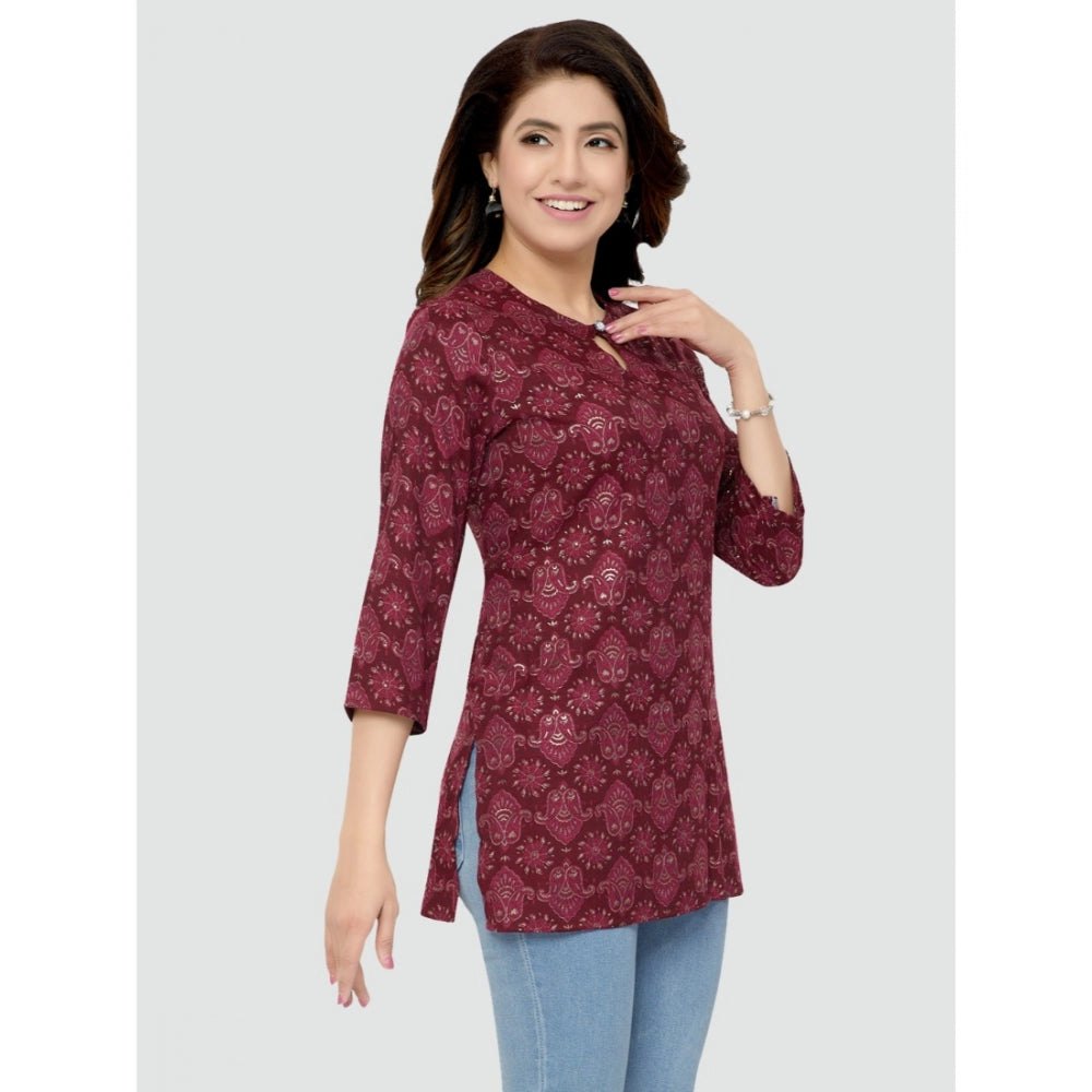 Generic Women's Casual 3/4 Sleeves Printed Rayon Short Top (Maroon)