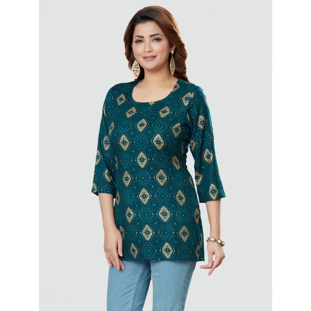 Generic Women's Casual 3/4 Sleeves Printed Rayon Short Top (Green)