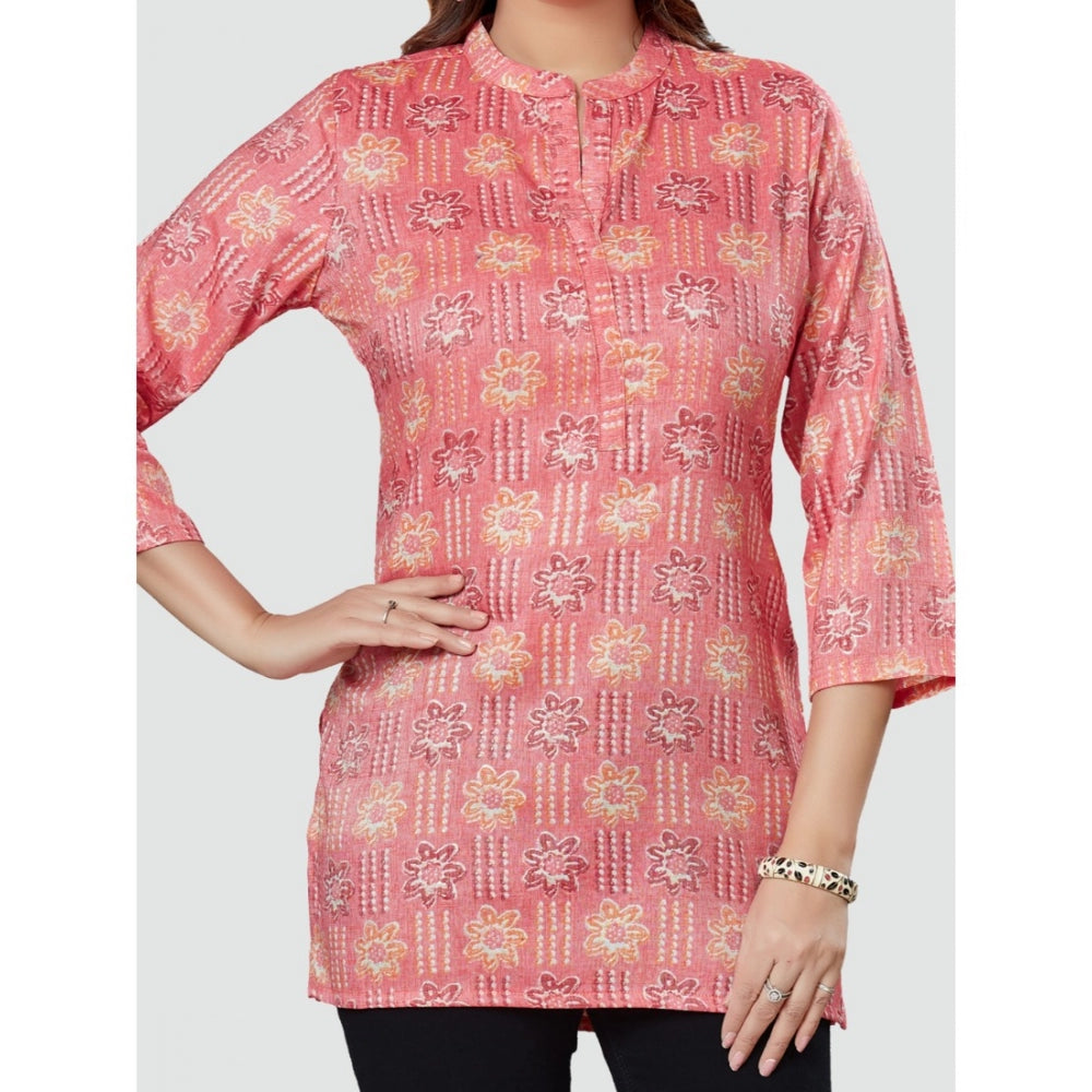 Generic Women's Casual 3/4 Sleeves Printed Rayon Short Top (Pink)