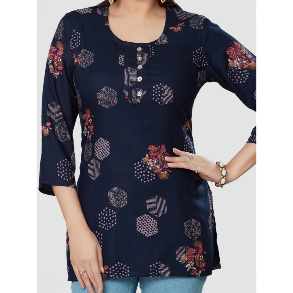 Generic Women's Casual 3/4 Sleeves Printed Rayon Short Top (Navy Blue)