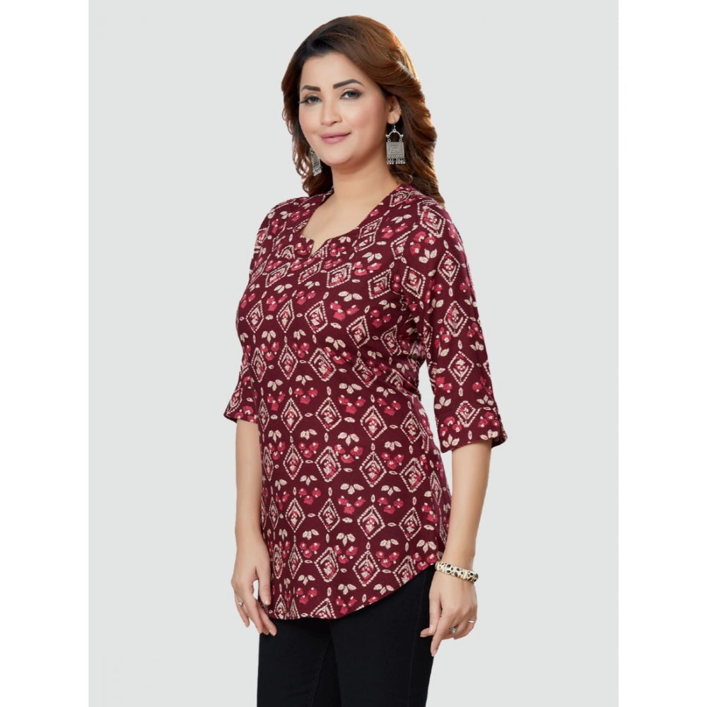 Generic Women's Casual 3/4 Sleeves Printed Rayon Short Top (Wine)