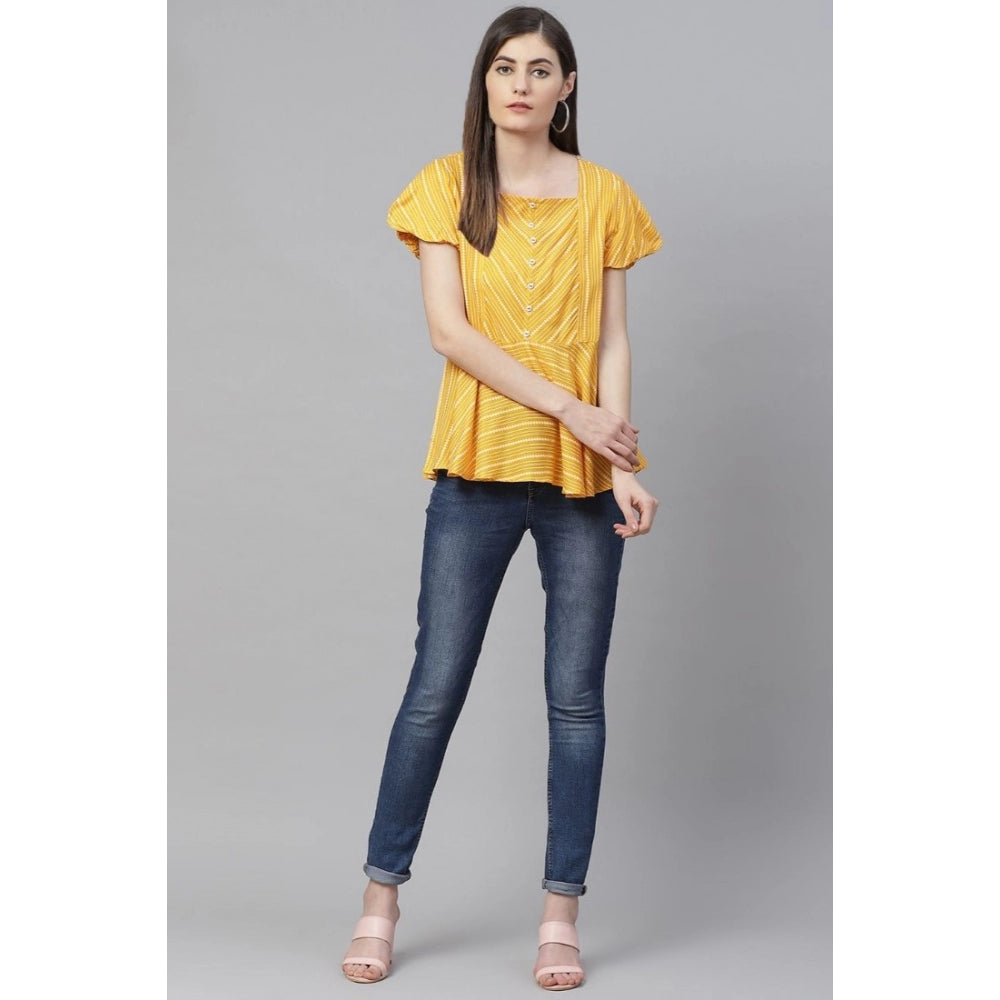 Generic Women's Casual Short Sleeves Stripe Printed Rayon Top (Mustard)