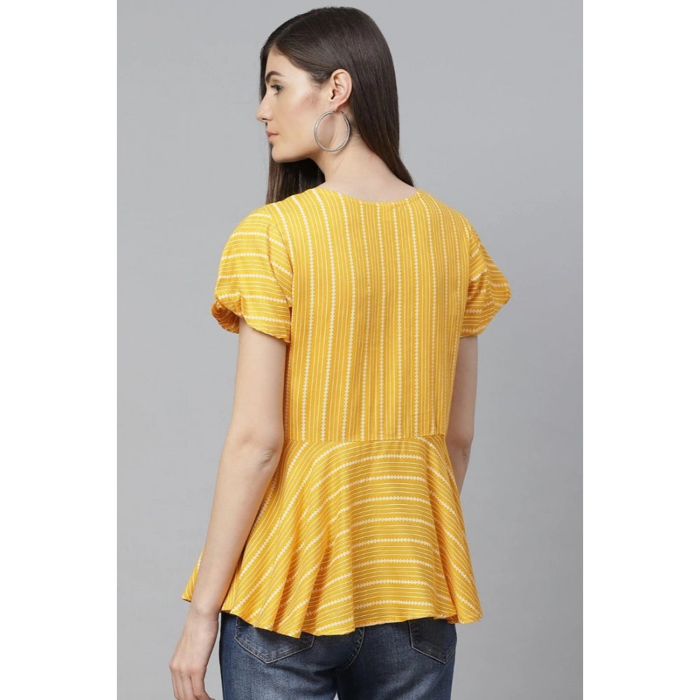 Generic Women's Casual Short Sleeves Stripe Printed Rayon Top (Mustard)