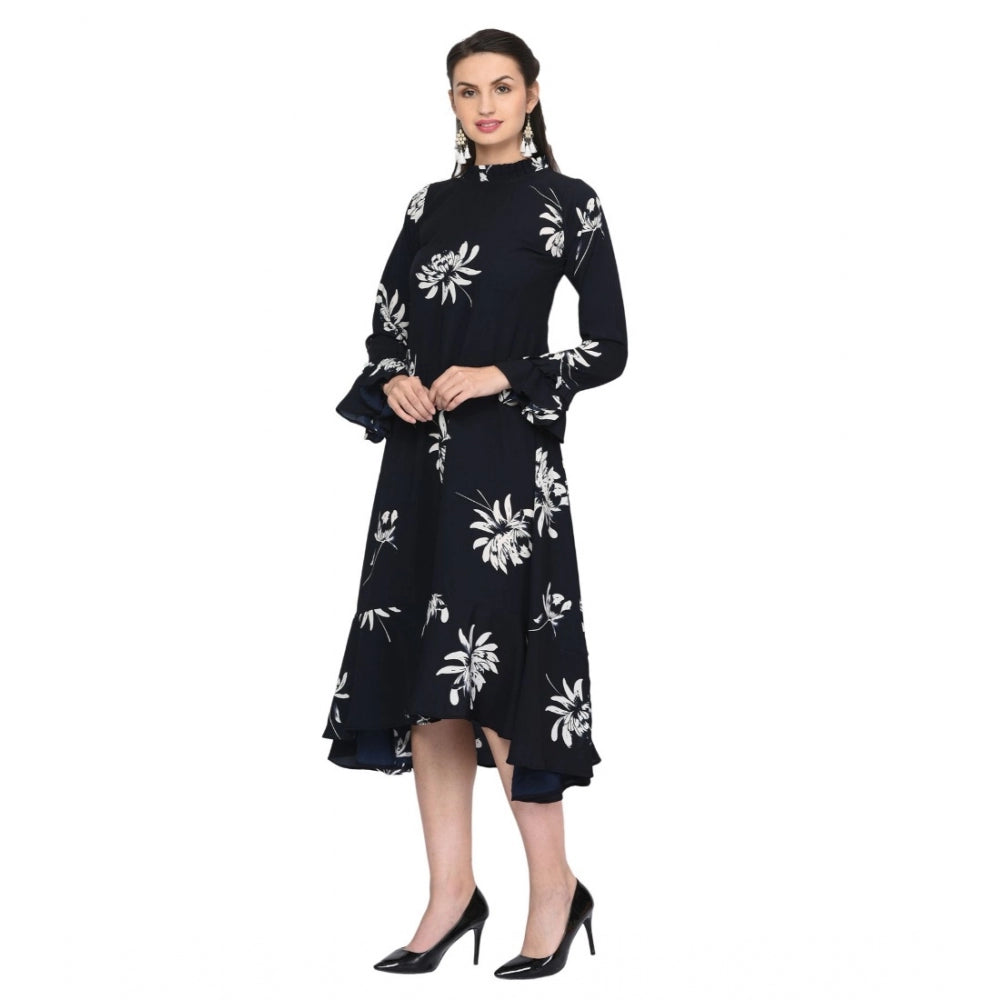 Generic Women's Cotton Blend Floral Full Sleeves Dress (Black)