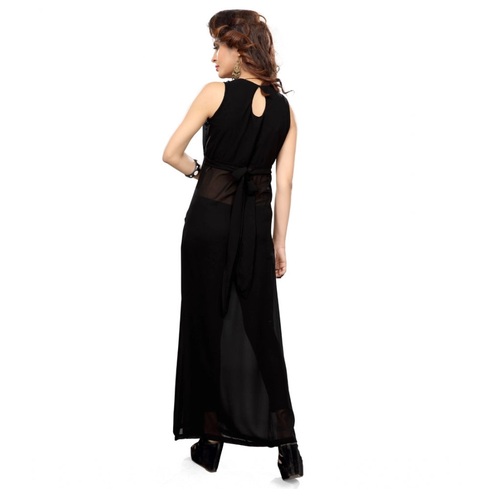 Generic Women's Cotton Blend Solid Sleeveless Maxi Dress (Black)