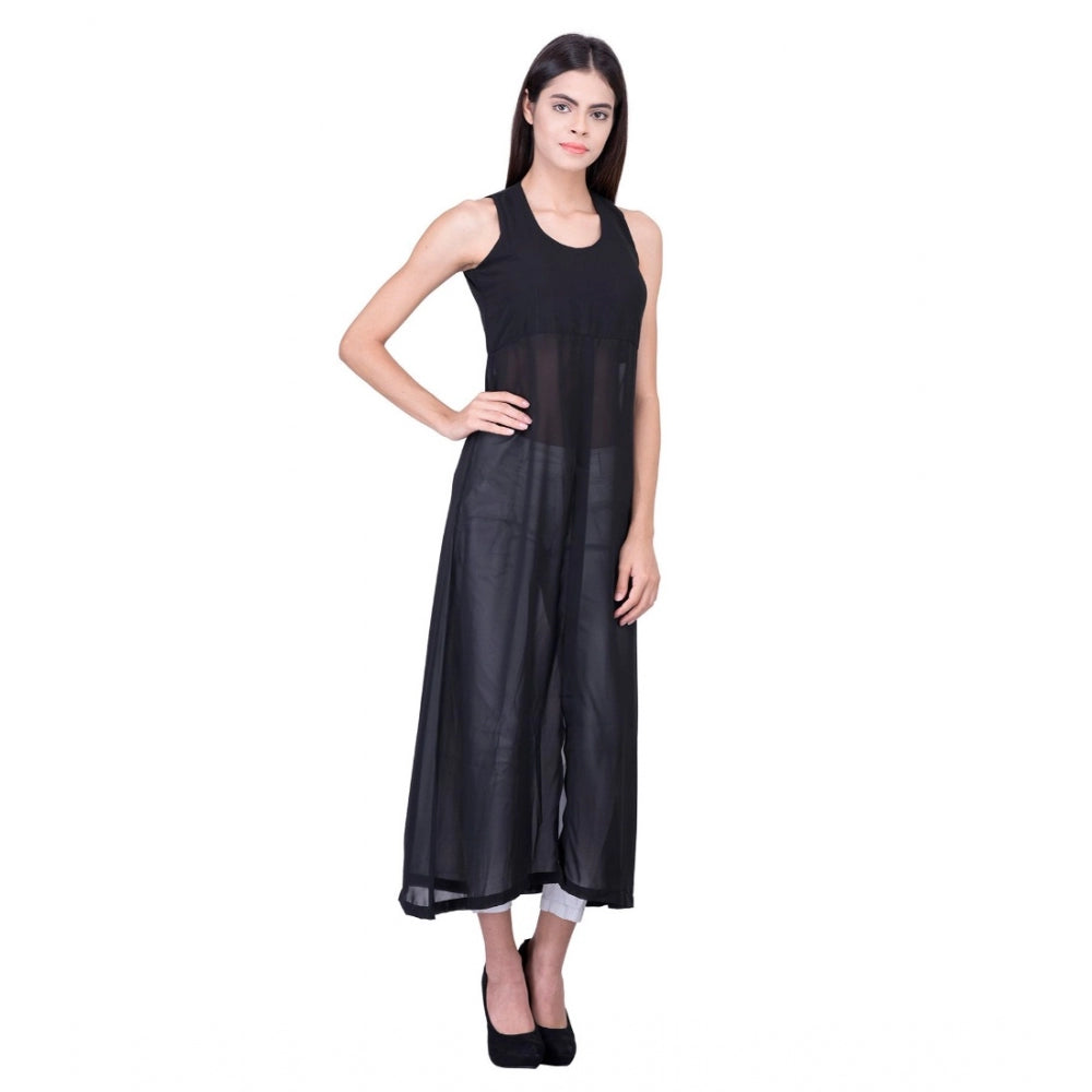 Generic Women's Cotton Blend Solid Sleeveless Dress (Black)