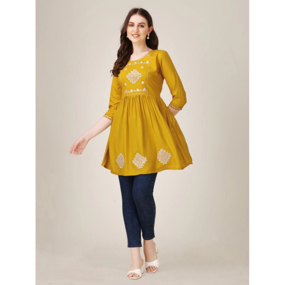 Generic Women's Casual 3-4 th Sleeve Embroidered Rayon Tunic Top (Mustard)