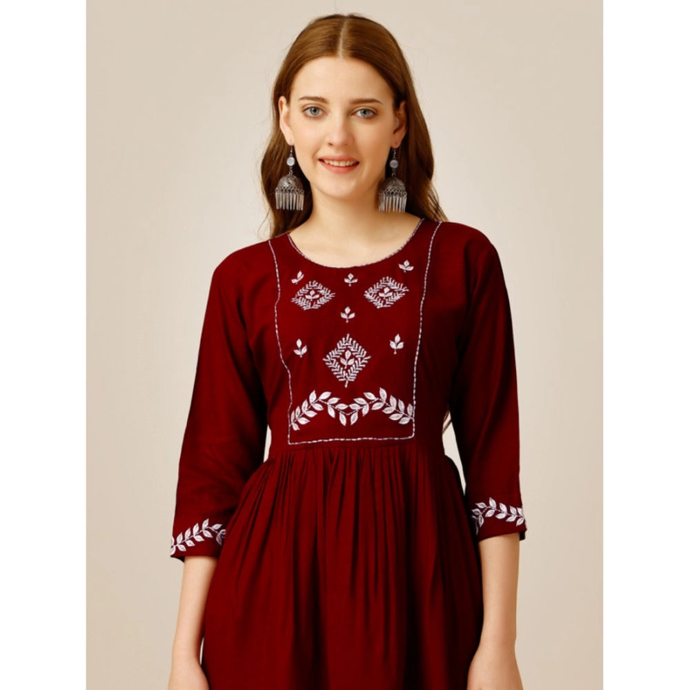 Generic Women's Casual 3-4 th Sleeve Embroidered Rayon Tunic Top (Maroon)