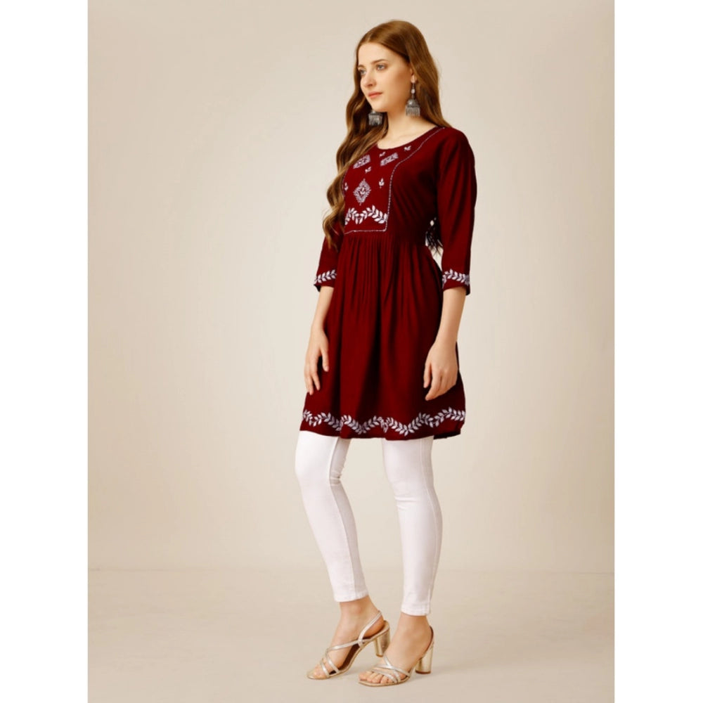 Generic Women's Casual 3-4 th Sleeve Embroidered Rayon Tunic Top (Maroon)