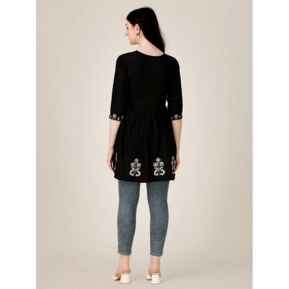 Generic Women's Casual 3-4 th Sleeve Embroidered Rayon Tunic Top (Black)