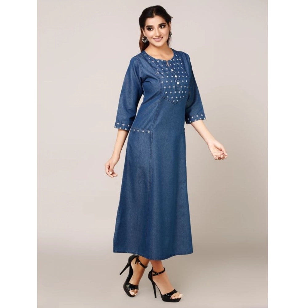 Generic Women's Casual Denim Embroidery 3-4th sleeve A-line Dress (Blue)