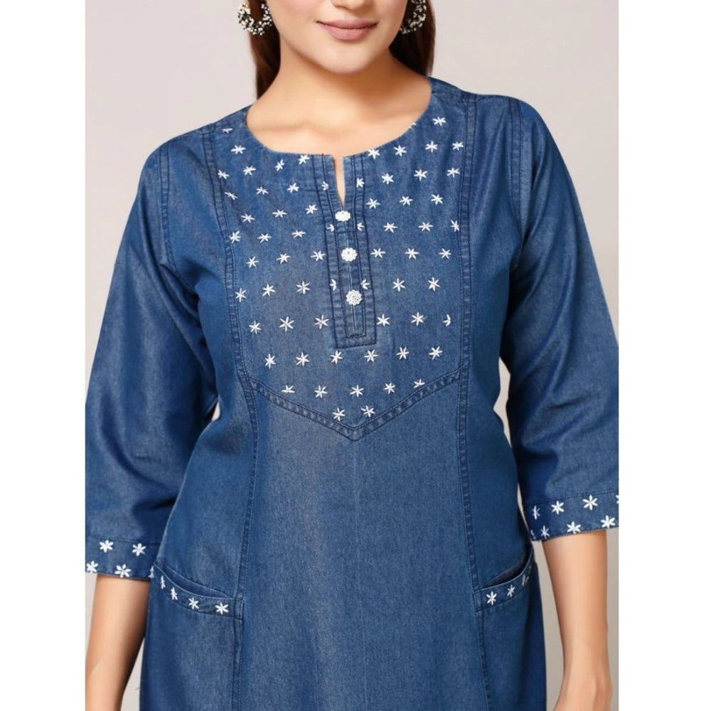 Generic Women's Casual Denim Embroidery 3-4th sleeve A-line Dress (Blue)