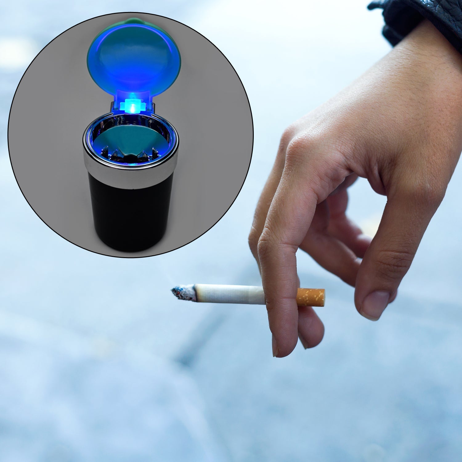 4945 Car Smokeless Ashtray Blue LED Cool Light Indicator Travel Auto Cigarette Odor Remover Smoke Diffuser Stand Cylinder (Moq - 12pc) 