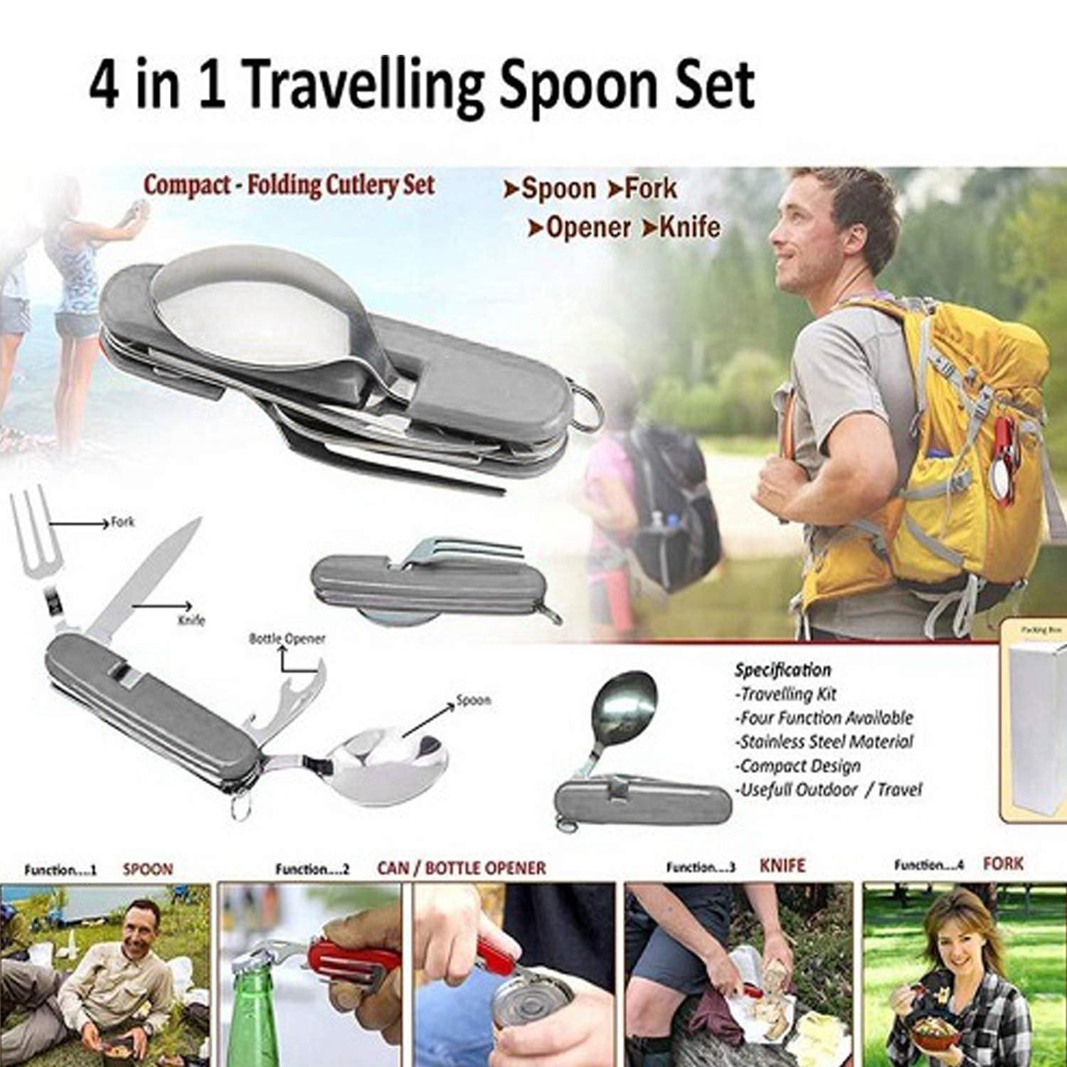 1779 4-in-1 Stainless Steel Travel/Camping Folding Multi Swiss Cutlery Set 