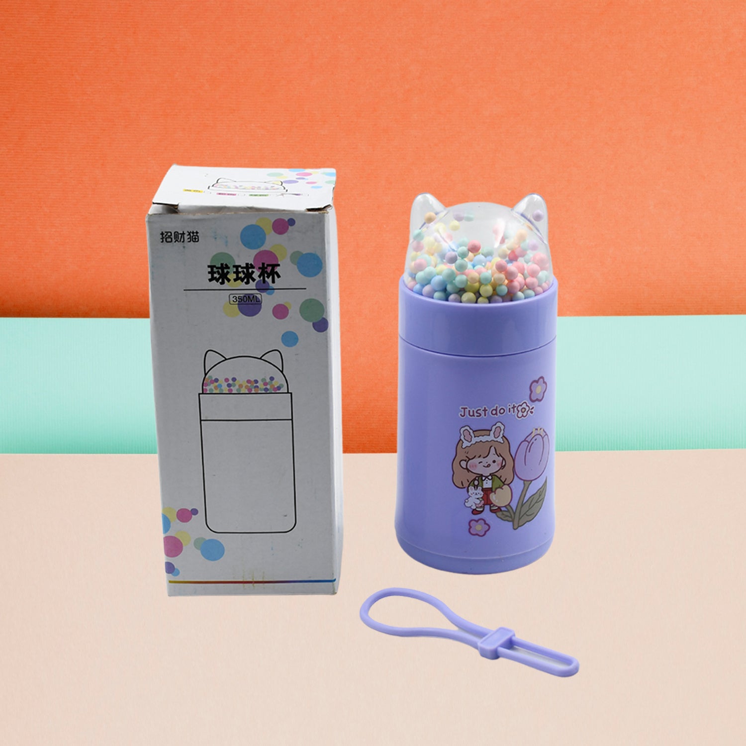 6953 Girl Glass Water Bottle for School with Kid Sparkle Strap Cat Lid Sequins Glitter Glass Cup Birthday Gift Children 350ml (MOQ :- 80 pc)