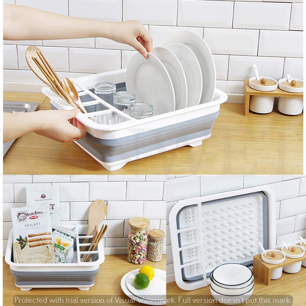 0804 Collapsible Folding Silicone Dish Drying Drainer Rack with Spoon Fork Knife Storage Holder 