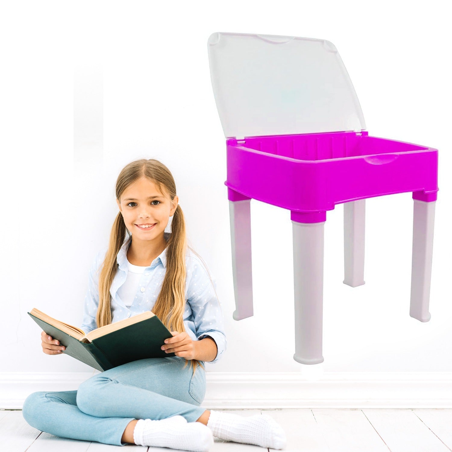 4631 Study Table And Chair Set For Boys And Girls With Small Box Space For Pencils Plastic High Quality Study Table (Pink)